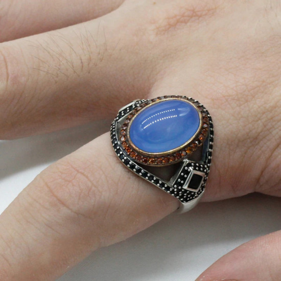 Anillo clásico hecho a mano de plata pura s925 a la moda con piedra de ágata azul natural para regalo de joyería de aniversario para hombres - malaquita tienda 36
