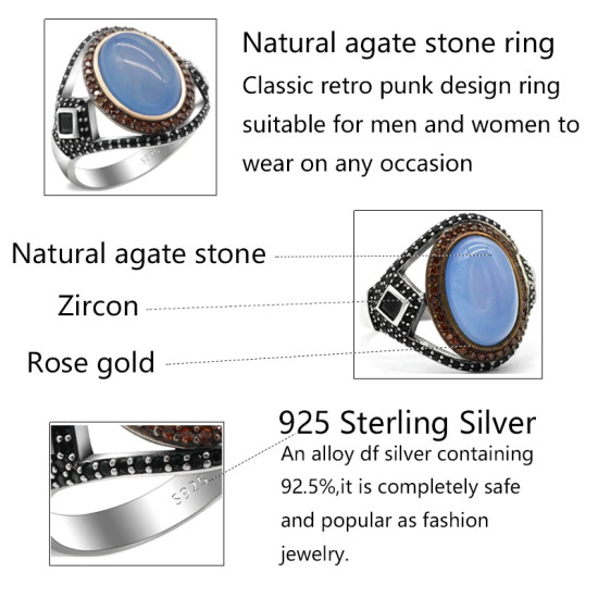 Anillo clásico hecho a mano de plata pura s925 a la moda con piedra de ágata azul natural para regalo de joyería de aniversario para hombres - malaquita tienda 36