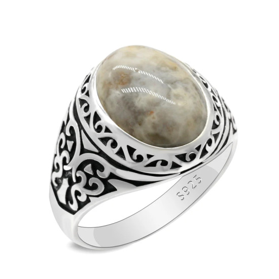 Anillo de ágata loca Natural de Plata de Ley 925 para hombres y mujeres, joyería hecha a mano de tendencia turca de estilo Punk clásico Simple - malaquita tienda 36