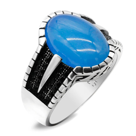 Anillo de plata de ley S925 con ágata azul Natural hecho a mano, regalo Original para Festival de hombres, regalo exquisito de estilo Punk Türkiye