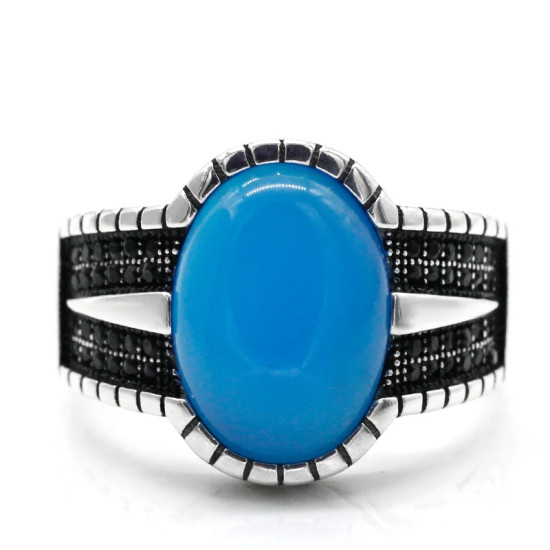 Anillo de plata de ley S925 con ágata azul Natural hecho a mano, regalo Original para Festival de hombres, regalo exquisito de estilo Punk Türkiye - malaquita tienda 36