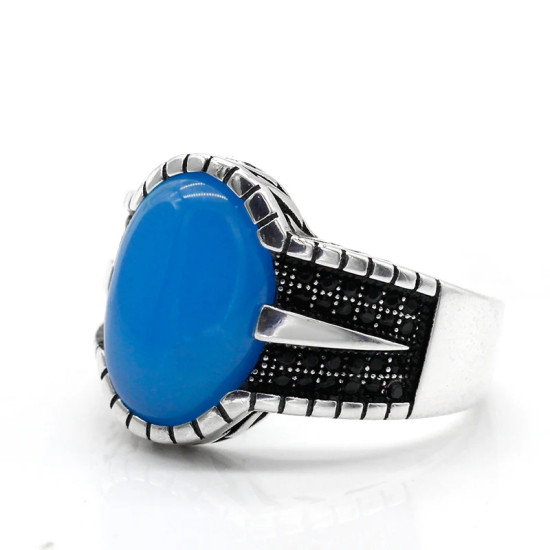 Anillo de plata de ley S925 con ágata azul Natural hecho a mano, regalo Original para Festival de hombres, regalo exquisito de estilo Punk Türkiye - malaquita tienda 36