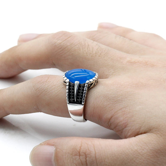 Anillo de plata de ley S925 con ágata azul Natural hecho a mano, regalo Original para Festival de hombres, regalo exquisito de estilo Punk Türkiye - malaquita tienda 36