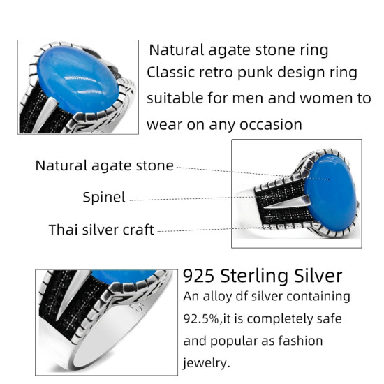 Anillo de plata de ley S925 con ágata azul Natural hecho a mano, regalo Original para Festival de hombres, regalo exquisito de estilo Punk Türkiye - malaquita tienda 36