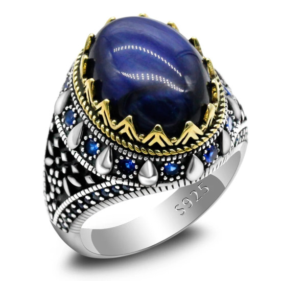 Joyería turca, anillo de Plata de Ley 925 con ojo de tigre azul Natural para hombre, anillos de joyería para hombre y mujer estilo Punk de circón Vintage - malaquita tienda 36