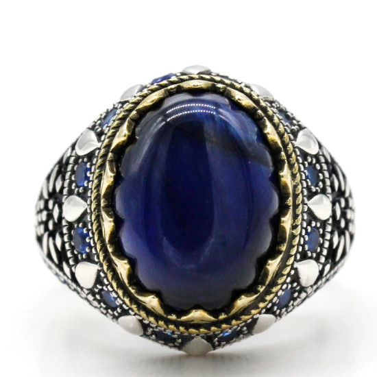 Joyería turca, anillo de Plata de Ley 925 con ojo de tigre azul Natural para hombre, anillos de joyería para hombre y mujer estilo Punk de circón Vintage - malaquita tienda 36