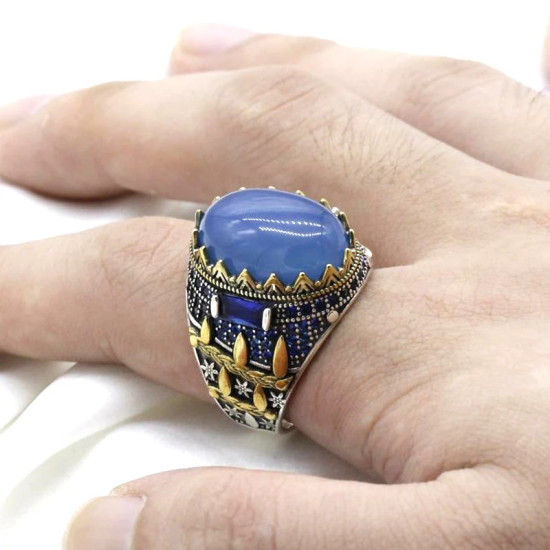 Nuevo Anillo de piedra de ágata Natural, anillo de plata 925 para hombre, tendencia turca, anillo de boda Vintage auspicioso - malaquita tienda 36