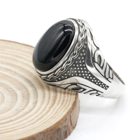 Anillo de plata de ley S925 con ágata Natural negra para hombre, joyería Punk turca Vintage, conjunto de joyería de tendencia, anillos para parejas, anillos para mujer - malaquita tienda 36