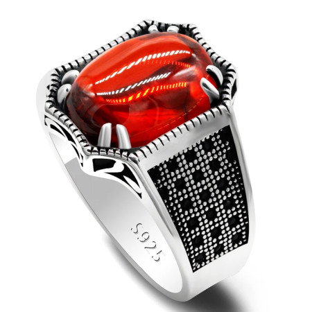 Anillo de plata de ley S925 para hombre, circonita roja de grado A, joyería hecha a mano, regalo de fiesta, regalo Retro de moda Türkiye Anillo de plata de ley S925 para hombre, circonita roja de grado A, joyería hecha a mano, regalo de fiesta, regalo Retro de moda Türkiye