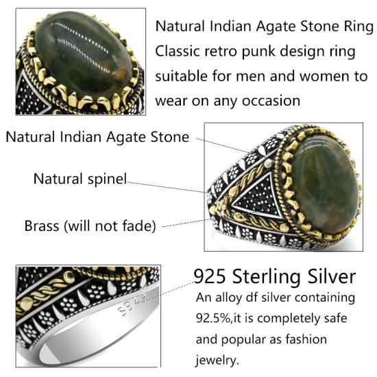 Nuevo anillo ovalado de plata 925 con piedra de ágata india Natural, joyería a la moda para hombres y mujeres, anillo de compromiso/boda de tendencia Punk turca - malaquita tienda 36