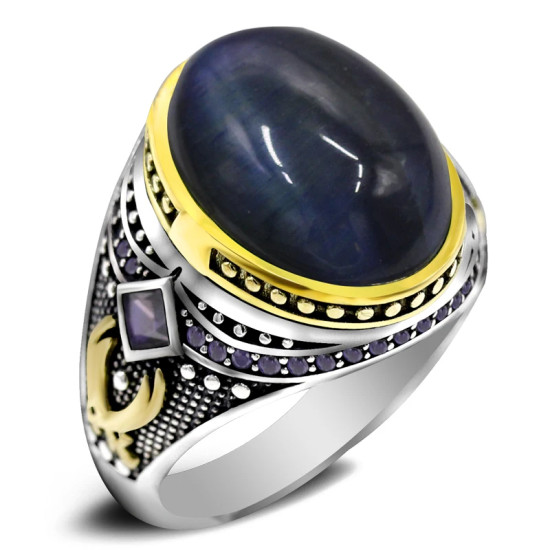 Anillo de plata S925, anillo de ojo de tigre azul para hombres, joyería de diseño tallado, regalo de cumpleaños único hecho a mano - malaquita tienda 36