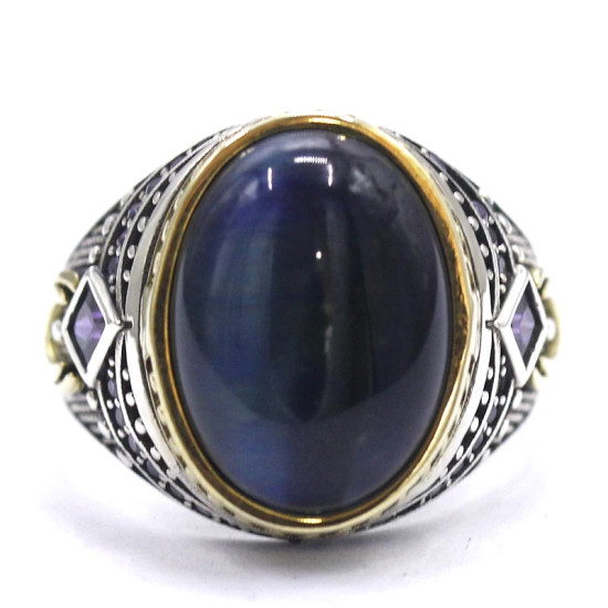 Anillo de plata S925, anillo de ojo de tigre azul para hombres, joyería de diseño tallado, regalo de cumpleaños único hecho a mano - malaquita tienda 36