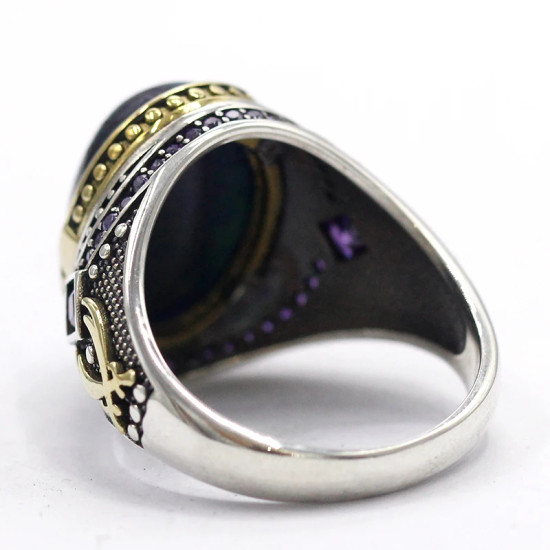 Anillo de plata S925, anillo de ojo de tigre azul para hombres, joyería de diseño tallado, regalo de cumpleaños único hecho a mano - malaquita tienda 36
