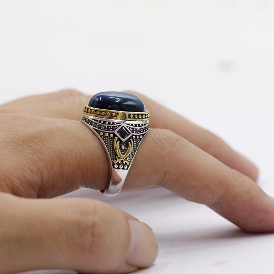 Anillo de plata S925, anillo de ojo de tigre azul para hombres, joyería de diseño tallado, regalo de cumpleaños único hecho a mano - malaquita tienda 36