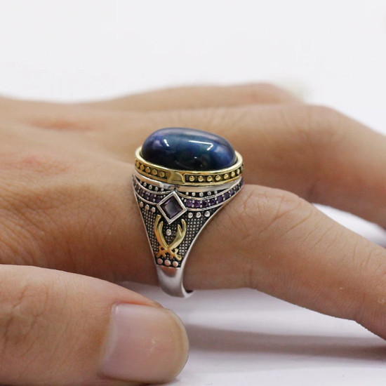 Anillo de plata S925, anillo de ojo de tigre azul para hombres, joyería de diseño tallado, regalo de cumpleaños único hecho a mano - malaquita tienda 36