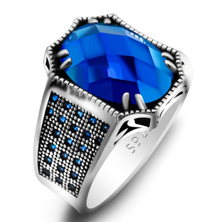 Anillo de plata de ley S925 con gema azul de corte A de grado, joyería de fiesta hecha a mano para regalo de Festival de Türkiye para hombres Anillo de plata de ley S925 con gema azul de corte A de grado, joyería de fiesta hecha a mano para regalo de Festival de Türkiye para hombres