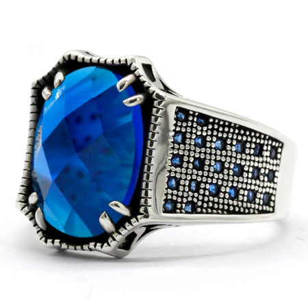 Anillo de plata de ley S925 con gema azul de corte A de grado, joyería de fiesta hecha a mano para regalo de Festival de Türkiye para hombres Anillo de plata de ley S925 con gema azul de corte A de grado, joyería de fiesta hecha a mano para regalo de Festival de Türkiye para hombres
