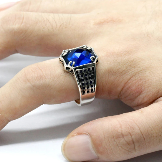 Anillo de plata de ley S925 con gema azul de corte A de grado, joyería de fiesta hecha a mano para regalo de Festival de Türkiye para hombres - malaquita tienda 36