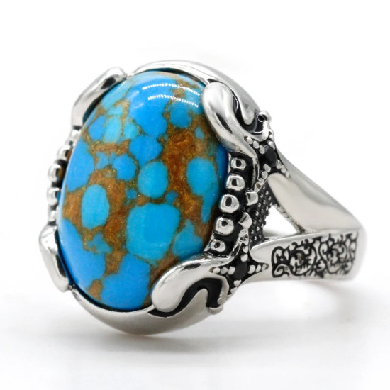 Anillo de Plata de Ley 925 pura con piedra turquesa Natural para hombre, anillo de sello con líneas de garra estampadas, anillo de fiesta Vintage, joyería fina - malaquita tienda 36