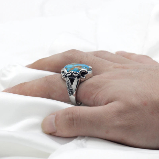 Anillo de Plata de Ley 925 pura con piedra turquesa Natural para hombre, anillo de sello con líneas de garra estampadas, anillo de fiesta Vintage, joyería fina - malaquita tienda 36