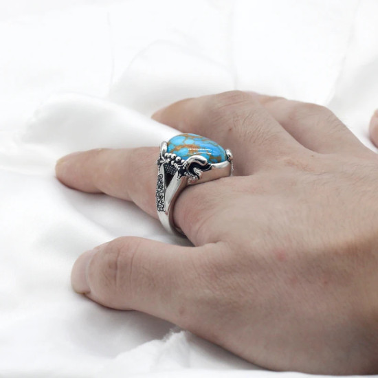 Anillo de Plata de Ley 925 pura con piedra turquesa Natural para hombre, anillo de sello con líneas de garra estampadas, anillo de fiesta Vintage, joyería fina - malaquita tienda 36