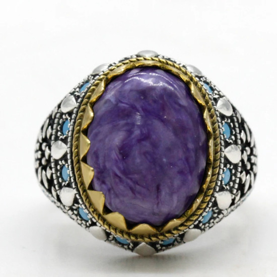 Anillo de plata pura S925, cristal de dragón púrpura natural vintage, lujoso estilo punk, regalo hecho a mano para hombres - malaquita tienda 36