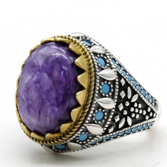 Anillo de plata pura S925, cristal de dragón púrpura natural vintage, lujoso estilo punk, regalo hecho a mano para hombres - malaquita tienda 36