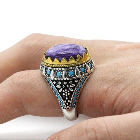 Anillo de plata pura S925, cristal de dragón púrpura natural vintage, lujoso estilo punk, regalo hecho a mano para hombres - malaquita tienda 36