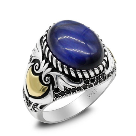 Anillo de plata de ley S925, ojo de tigre azul Natural hecho a mano, anillo de regalo de lujo para fiesta de vacaciones Punk Türkiye Anillo de plata de ley S925, ojo de tigre azul Natural hecho a mano, anillo de regalo de lujo para fiesta de vacaciones Punk Türkiye
