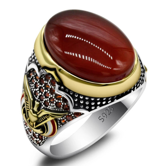Anillo hecho a mano de plata S925 para hombre, joyería Premium Türkiye, piedra de ágata roja Natural, regalo hecho a mano para Festival para hombre - malaquita tienda 36
