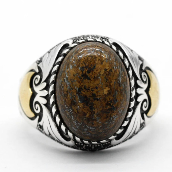 Anillo hecho a mano de plata de ley S925, piedra gris bronce Natural, regalo de vacaciones para fiesta de vacaciones Punk Türkiye - malaquita tienda 36