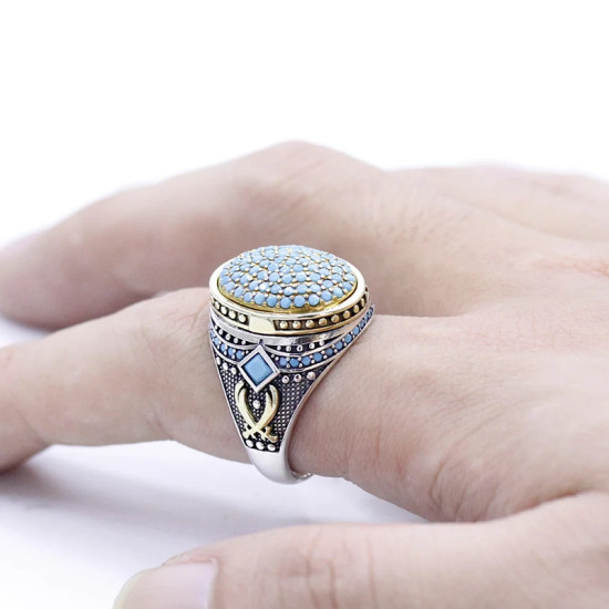 Anillo de plata pura S925, joyería con incrustaciones de turquesa natural, nuevo regalo hecho a mano para hombres, joyería de moda para la primera vez - malaquita tienda 36