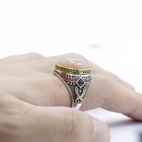 Roca de cuarzo natural combinada con diseño de conjunto de anillos de plata de ley 925 para hombre, anillo de joyería de estilo Punk Popular para hombre, regalo gratis - malaquita tienda 36