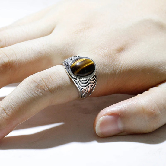 Anillo de plata de ley S925, regalo de fiesta hecho a mano retro de ojo de tigre natural, joyería Türkiye - malaquita tienda 36