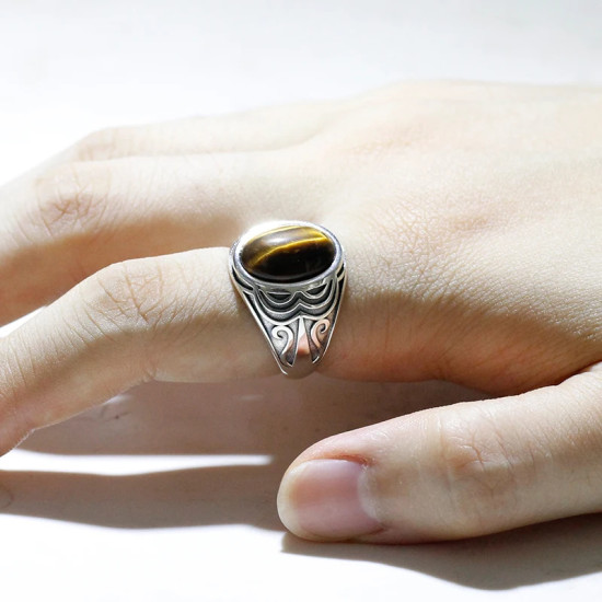 Anillo de plata de ley S925, regalo de fiesta hecho a mano retro de ojo de tigre natural, joyería Türkiye - malaquita tienda 36