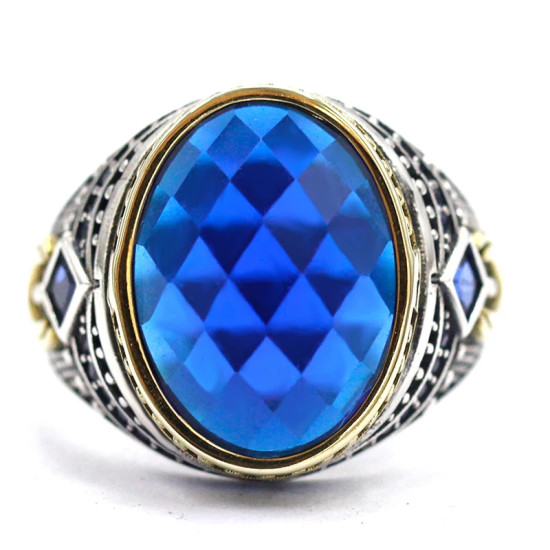 Joyería de plata S925 para hombre, estilo punk, cristal azul cúbico, anillo de fiesta antiguo hecho a mano de Türkiye, lujoso y auténtico - malaquita tienda 36