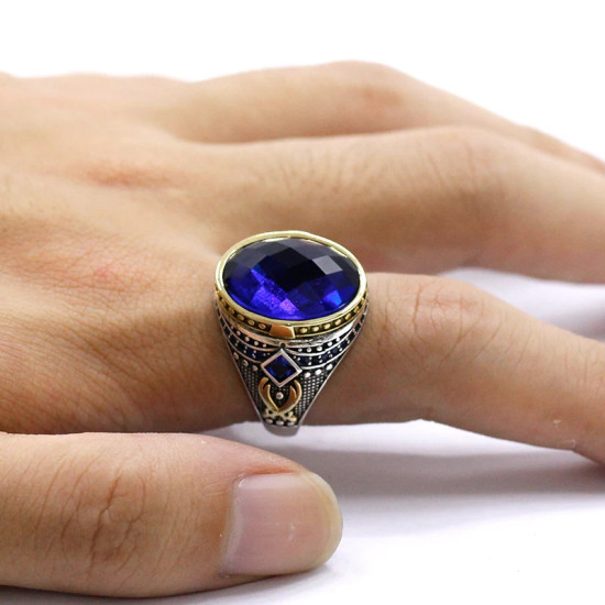 Joyería de plata S925 para hombre, estilo punk, cristal azul cúbico, anillo de fiesta antiguo hecho a mano de Türkiye, lujoso y auténtico - malaquita tienda 36