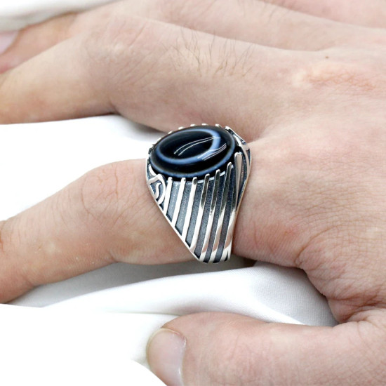 Anillo de plata de ley 925, regalo hecho a mano para hombres y mujeres, piedra de ágata de ojo natural, anillo de corona vintage, regalo de hombre CZ negro - malaquita tienda 36