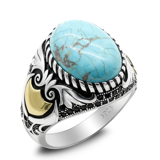 Nuevo Anillo de Plata de Ley 925 con turquesa Natural para hombre, alas Punk turcas, exquisito anillo de fiesta de cóctel para hombres y mujeres para amigos - malaquita tienda 36