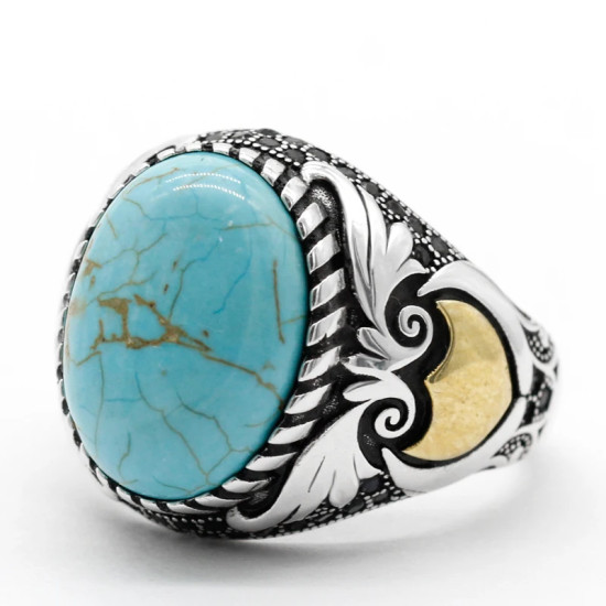 Nuevo Anillo de Plata de Ley 925 con turquesa Natural para hombre, alas Punk turcas, exquisito anillo de fiesta de cóctel para hombres y mujeres para amigos - malaquita tienda 36