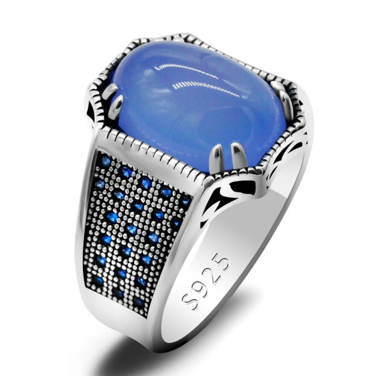Nuevo anillo de plata de ley s925 para hombre, piedra de ágata azul, conjunto de joyería Vintage de moda Türkiye, anillo de pareja, regalo para mujer - malaquita tienda 36