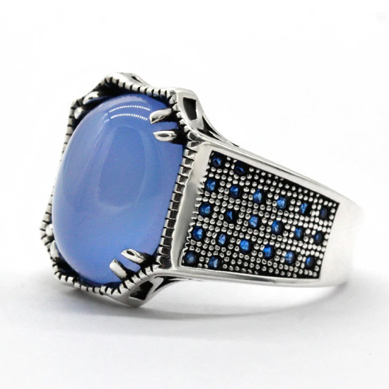 Nuevo anillo de plata de ley s925 para hombre, piedra de ágata azul, conjunto de joyería Vintage de moda Türkiye, anillo de pareja, regalo para mujer - malaquita tienda 36