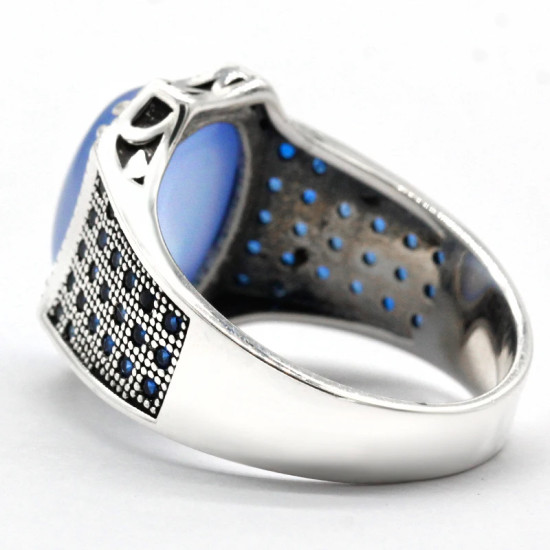 Nuevo anillo de plata de ley s925 para hombre, piedra de ágata azul, conjunto de joyería Vintage de moda Türkiye, anillo de pareja, regalo para mujer - malaquita tienda 36