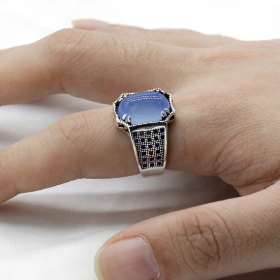 Nuevo anillo de plata de ley s925 para hombre, piedra de ágata azul, conjunto de joyería Vintage de moda Türkiye, anillo de pareja, regalo para mujer - malaquita tienda 36