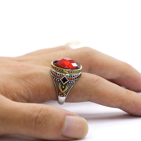 Anillo de plata de ley S925, joyería lujosa, regalo de fiesta navideña, moda retro, regalo de fiesta de vacaciones para hombres con circonita roja AAA - malaquita tienda 36