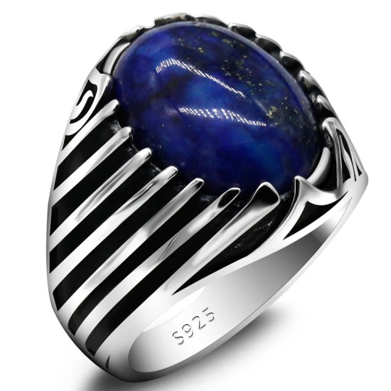 Anillos de plata de ley 925 auténtica para hombre, estilo Punk, lapislázuli azul Natural, joyería turca de Oriente Medio, anillos para mujer - malaquita tienda 36