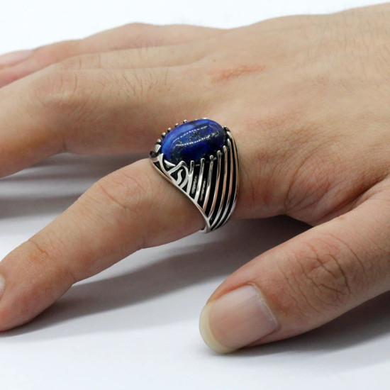 Anillos de plata de ley 925 auténtica para hombre, estilo Punk, lapislázuli azul Natural, joyería turca de Oriente Medio, anillos para mujer - malaquita tienda 36