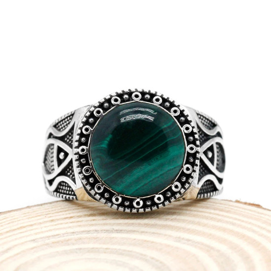 Anillo turco antiguo de Plata de Ley 925 pura con piedra Natural, joyería punk rock de color ágata de malaquita para hombre - malaquita tienda 36