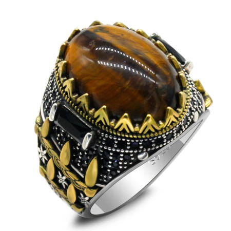 Anillo de plata de ley 925 con forma de ojo de tigre Natural para hombre, joyería Punk de pavo a la moda para hombre y mujer, anillo de compromiso para boda