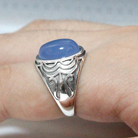 Nuevo Anillo de Plata de Ley 925 para hombre con piedra de ágata azul Natural, anillo Retro para parejas, conjunto de joyería de plata tailandesa, anillos para mujer - malaquita tienda 36